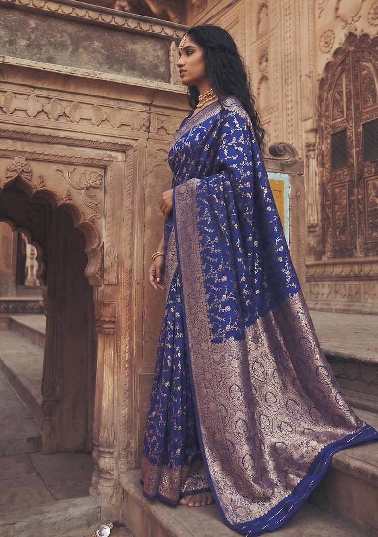 Blue Zari Work Silk Saree Set - Indya
