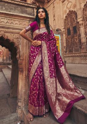 Wine Zari Work Silk Saree Set