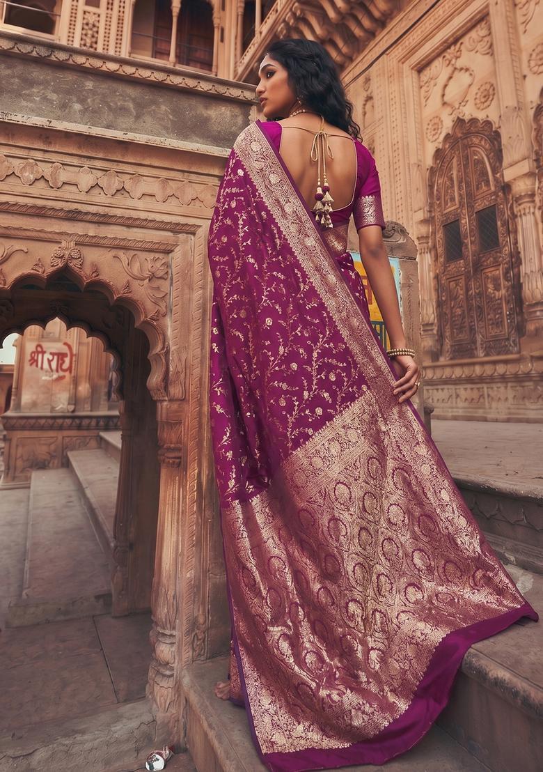 Wine Zari Work Silk Saree Set - Indya