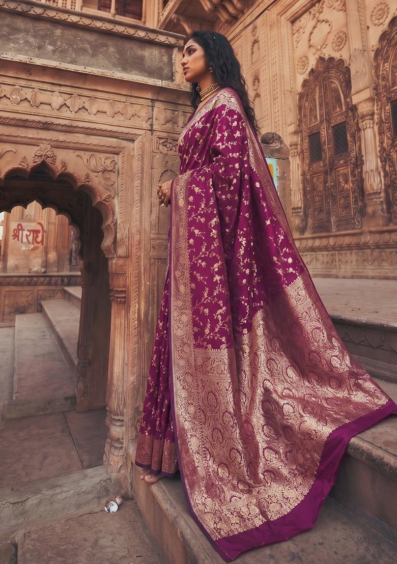 Wine Zari Work Silk Saree Set - Indya