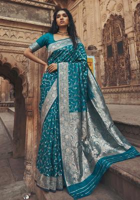 Teal Zari Work Silk Saree Set