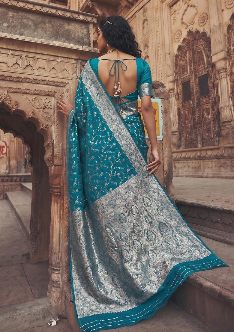 Teal Zari Work Silk Saree Set - Indya