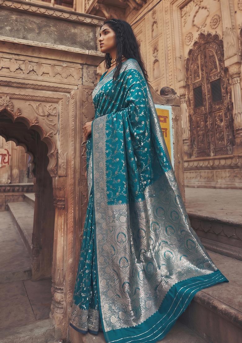 Teal Zari Work Silk Saree Set - Indya