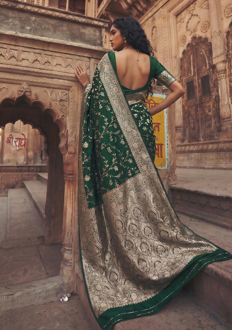Green Zari Work Silk Saree Set - Indya
