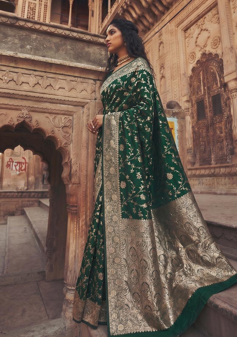 Green Zari Work Silk Saree Set - Indya