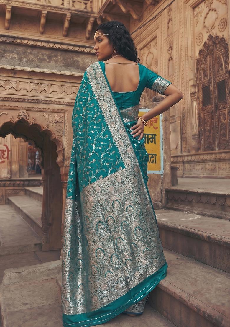 Green Zari Work Silk Saree Set - Indya