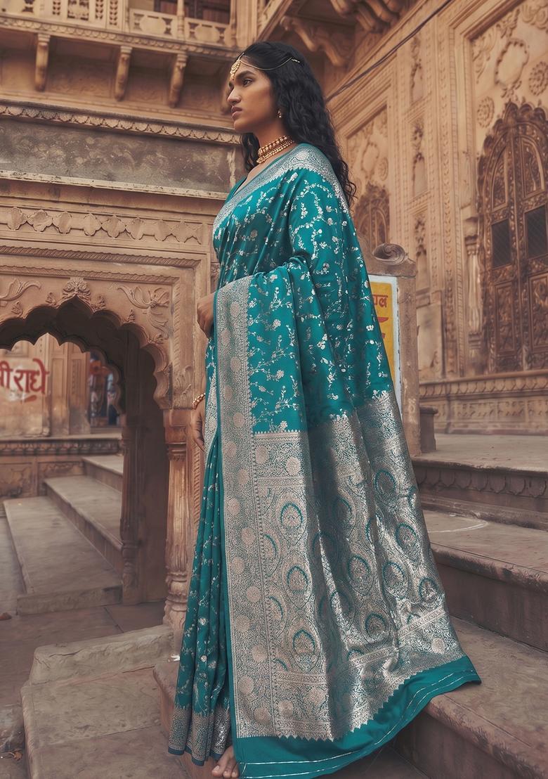 Green Zari Work Silk Saree Set - Indya