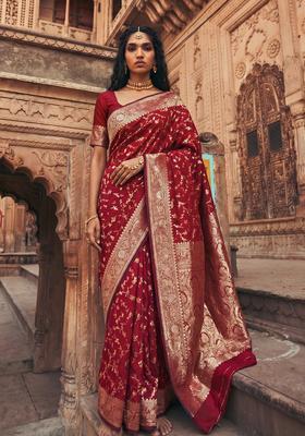 Maroon Zari Work Silk Saree Set