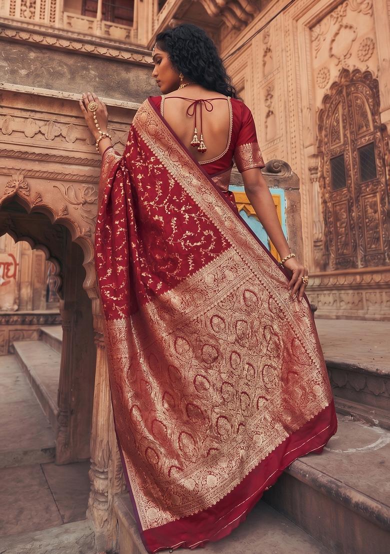 Maroon Zari Work Silk Saree Set - Indya