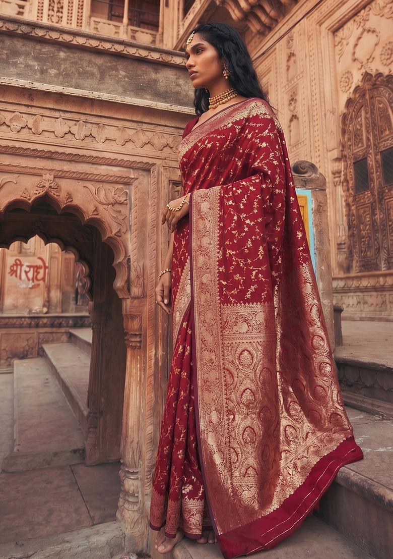 Maroon Zari Work Silk Saree Set - Indya