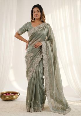 Green Sequin Work Silk Saree Set