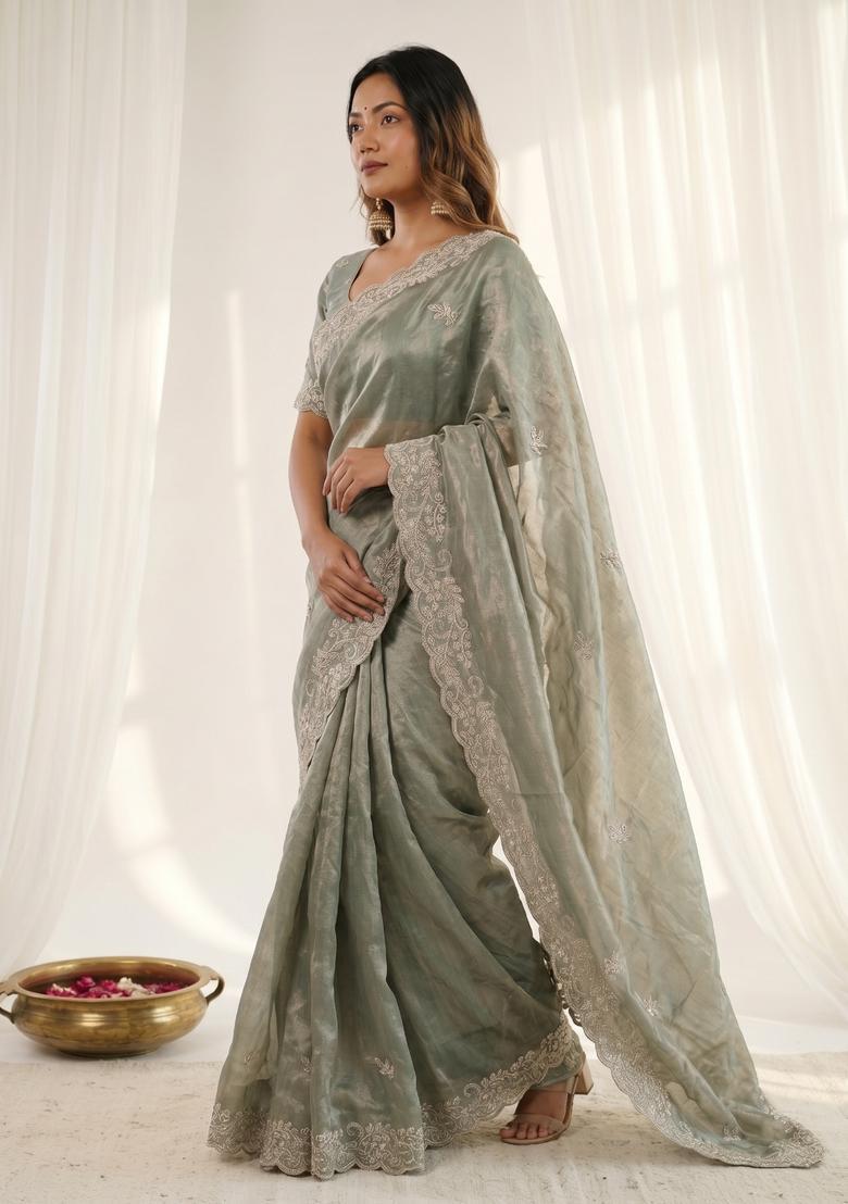Green Sequin Work Silk Saree Set - Indya