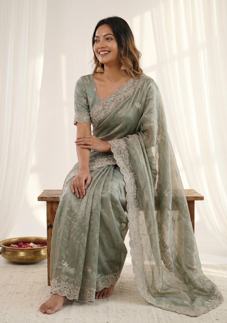 Green Sequin Work Silk Saree Set - Indya