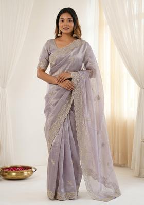 Lavender Sequin Work Silk Saree Set