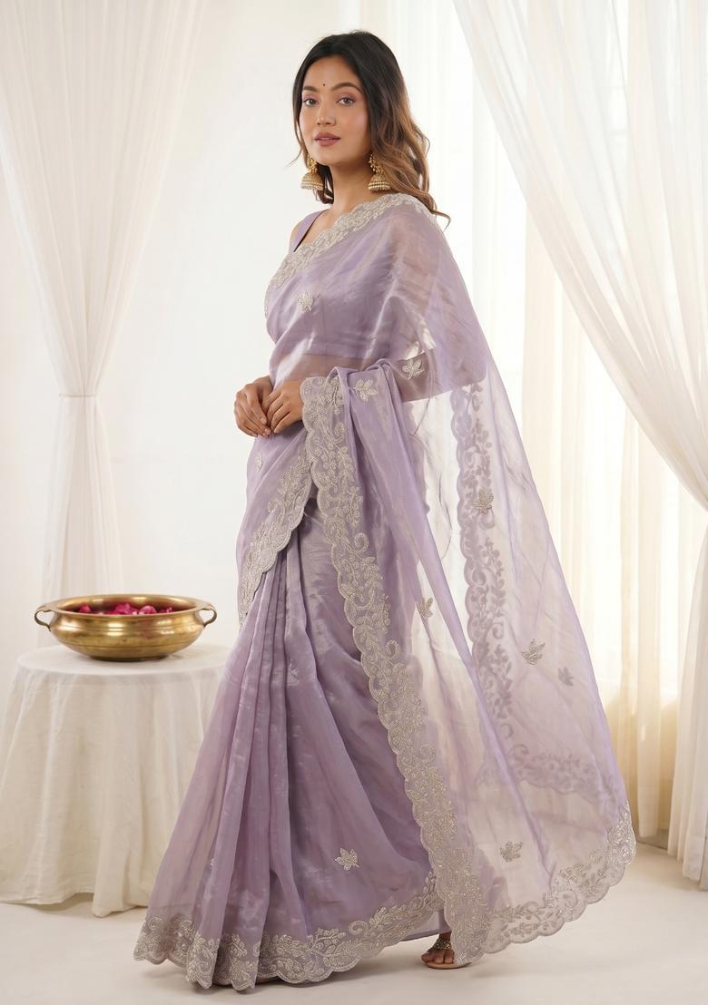 Lavender Sequin Work Silk Saree Set - Indya