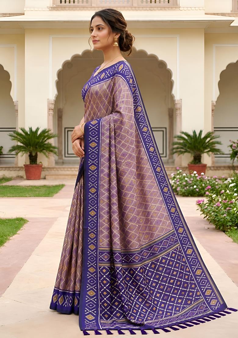 Grey Zari Work Silk Saree Set - Indya