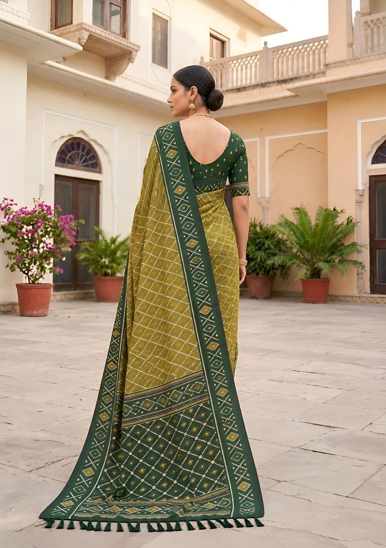 Green Zari Work Silk Saree Set - Indya