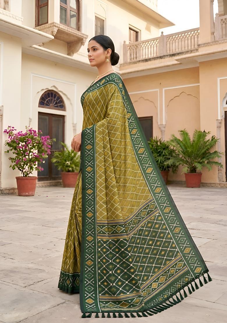 Green Zari Work Silk Saree Set - Indya