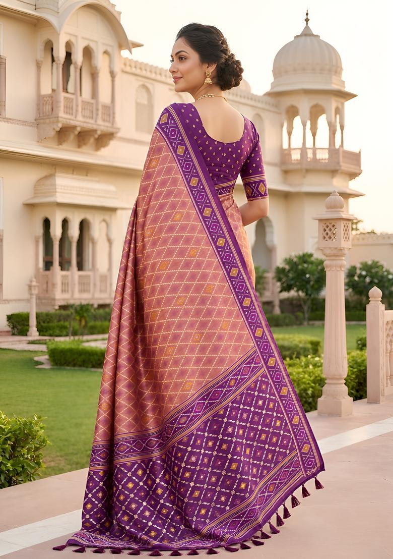 Mauve Zari Work Silk Saree Set - Indya
