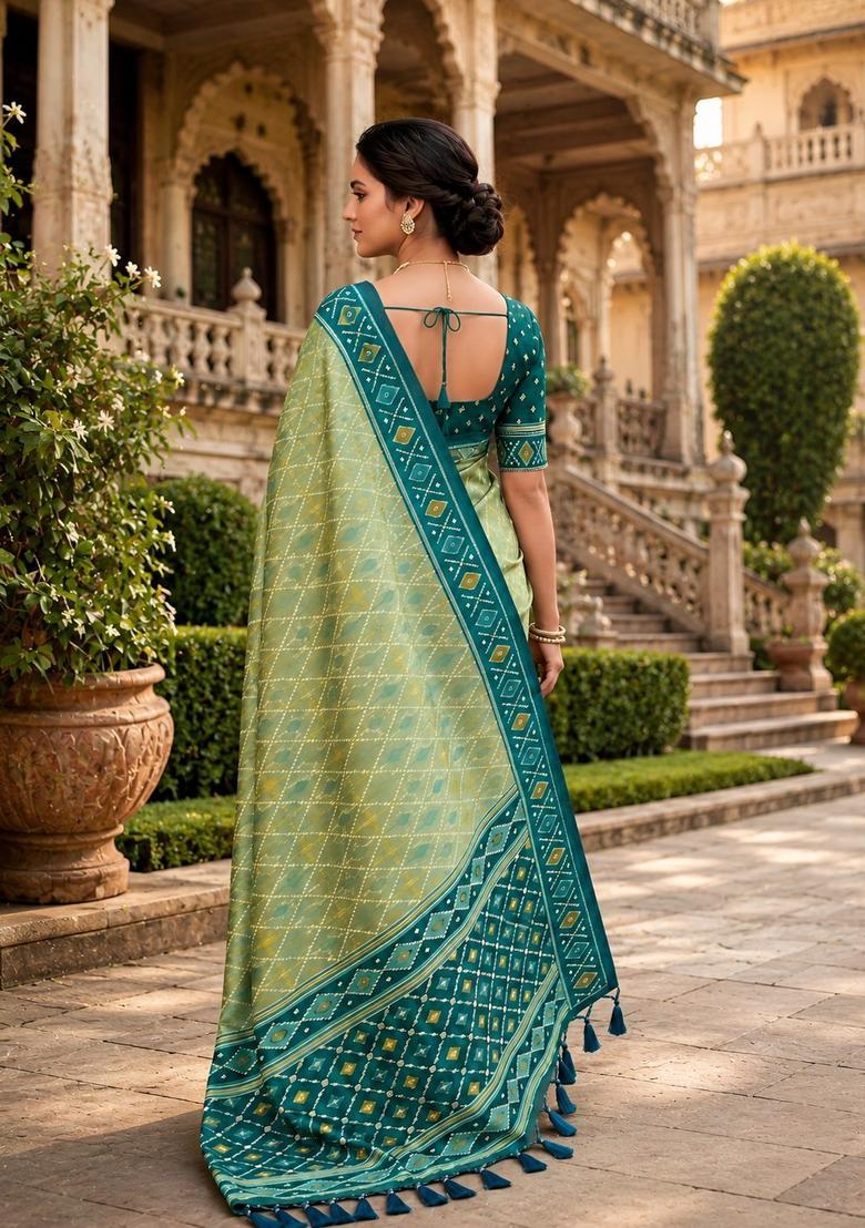 Green Zari Work Silk Saree Set - Indya
