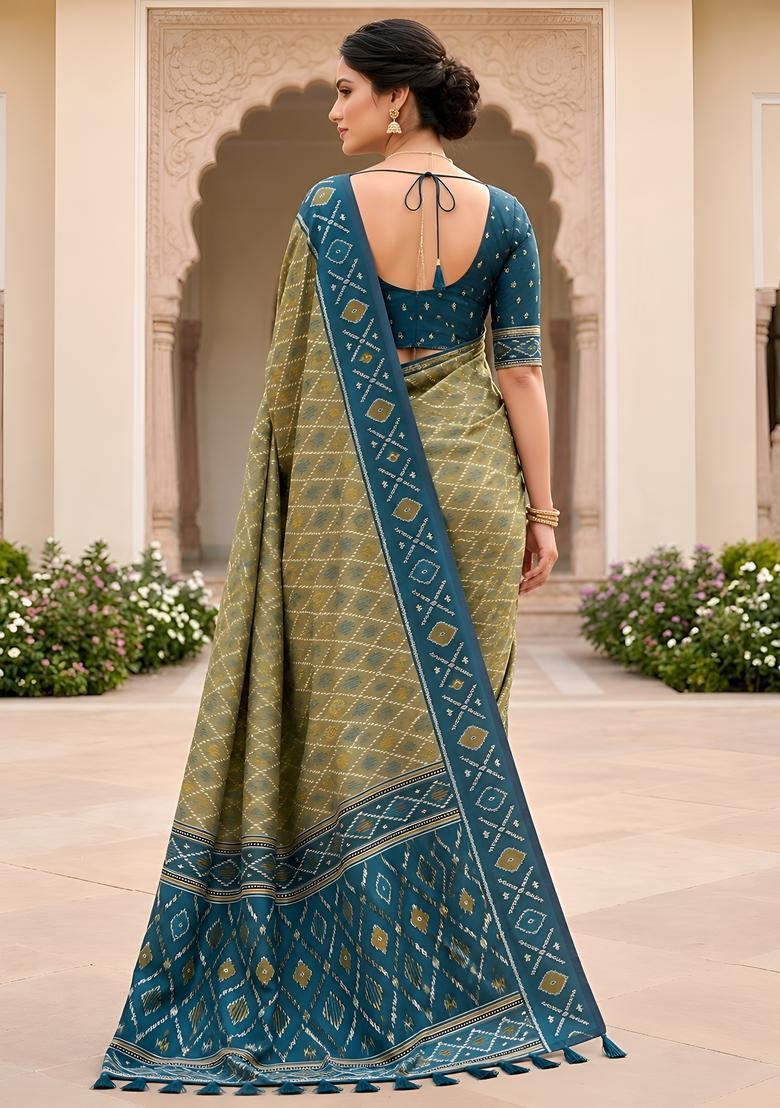 Green Zari Work Silk Saree Set - Indya