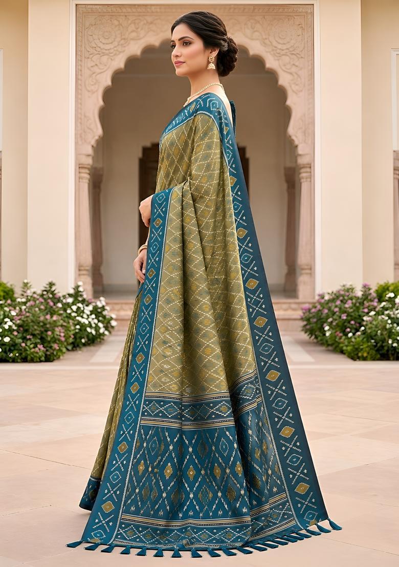 Green Zari Work Silk Saree Set - Indya