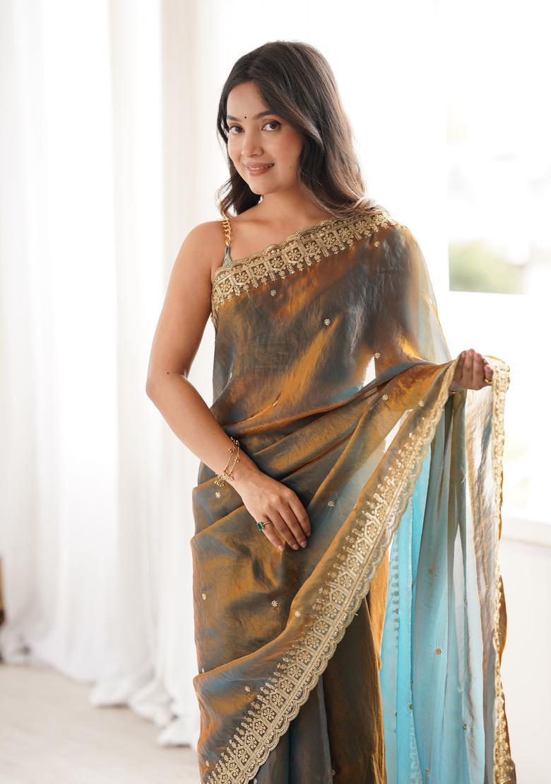 Grey Sequin Work Silk Saree Set - Indya