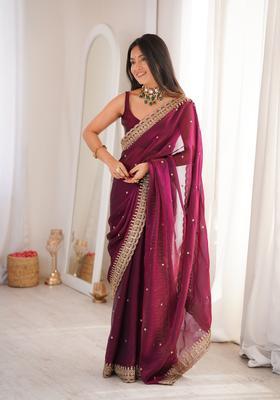 Maroon Sequin Work Silk Saree Set