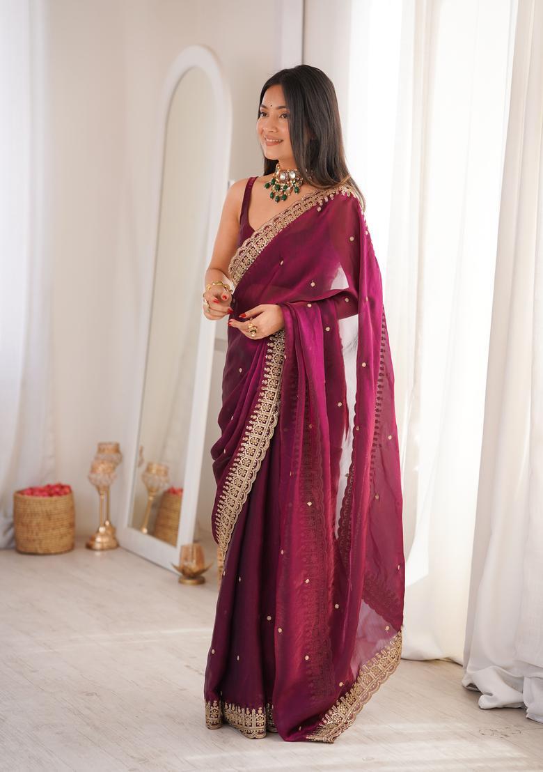 Maroon Sequin Work Silk Saree Set - Indya