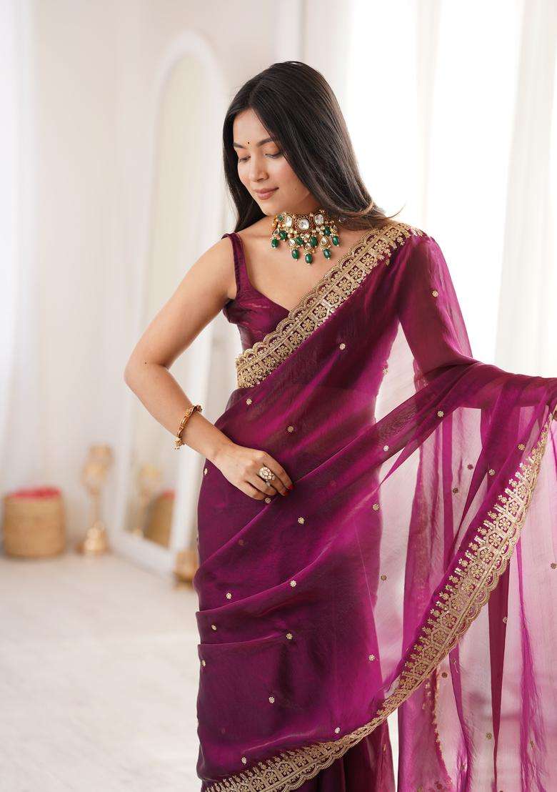 Maroon Work Silk Saree Set with Sequin for Diwali | Wedding & Festive Wear - Indya