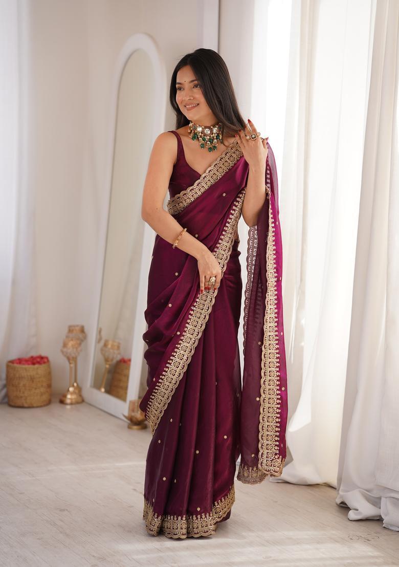 Maroon Sequin Work Silk Saree Set - Indya