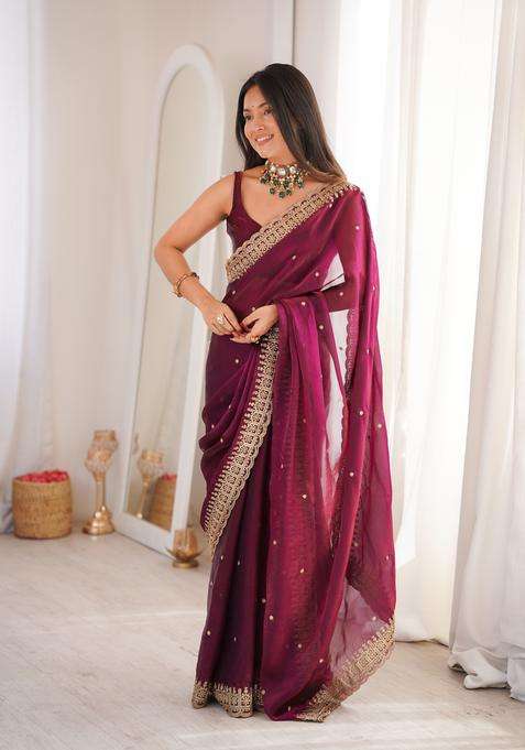 Maroon Work Silk Saree Set with Sequin for Diwali | Wedding & Festive Wear