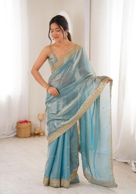 Sky Blue Sequin Work Silk Saree Set