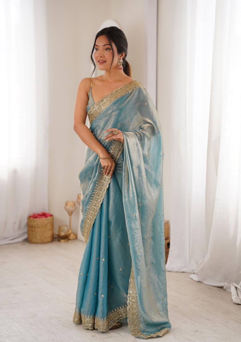 Sky Blue Sequin Work Silk Saree Set - Indya
