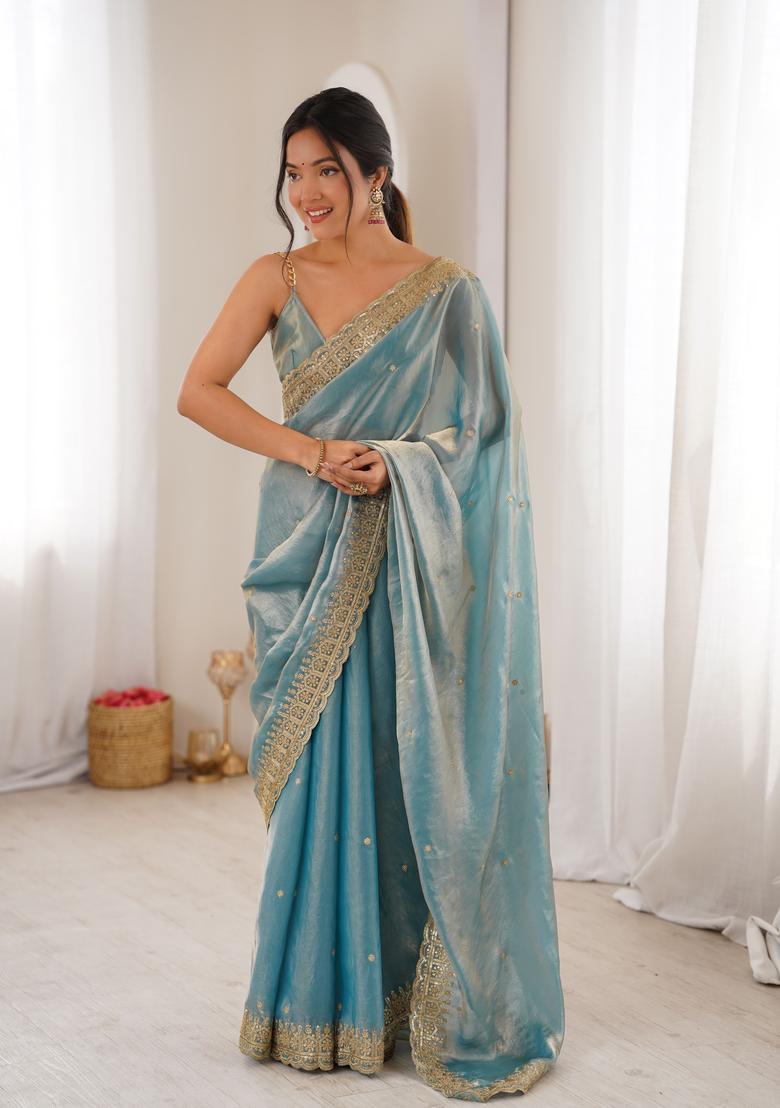 Sky Blue Sequin Work Silk Saree Set - Indya
