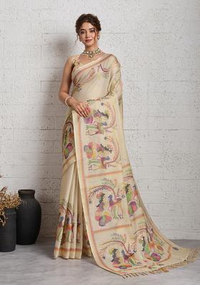 Beige Printed Cotton Saree Set