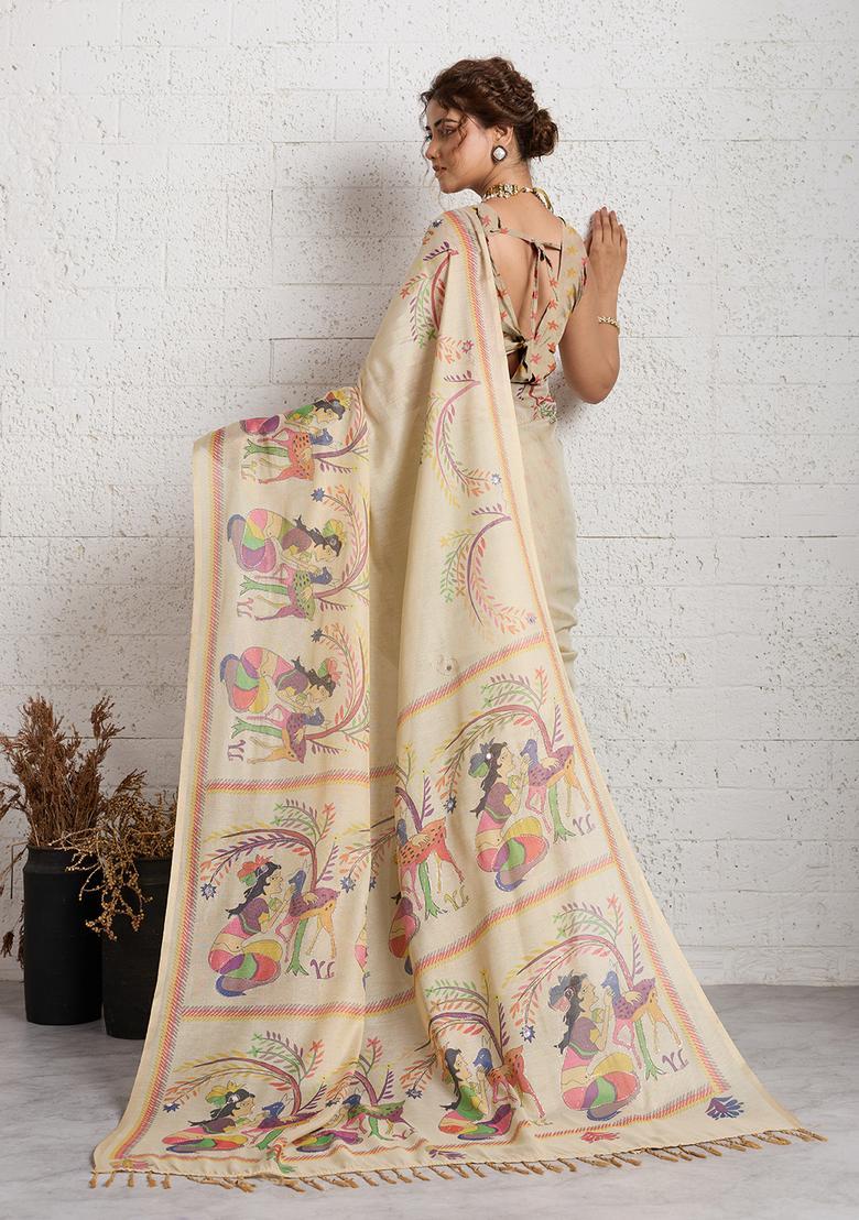 Beige Printed Cotton Saree Set - Indya