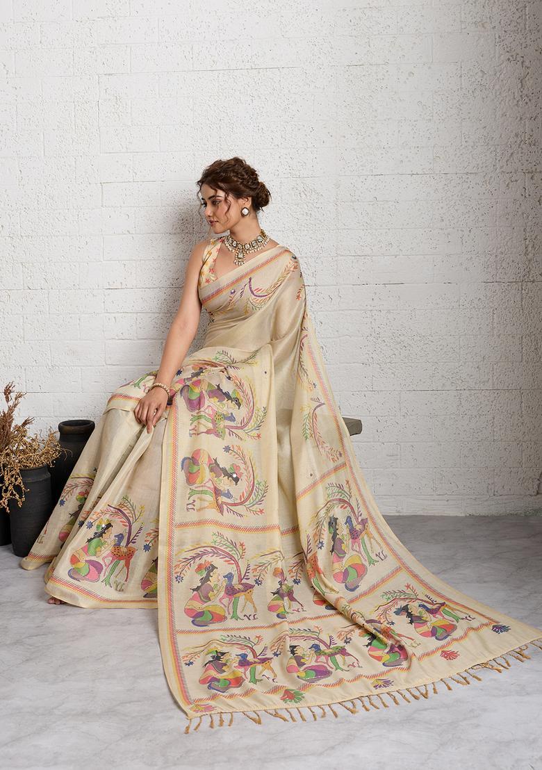 Beige Printed Cotton Saree Set - Indya