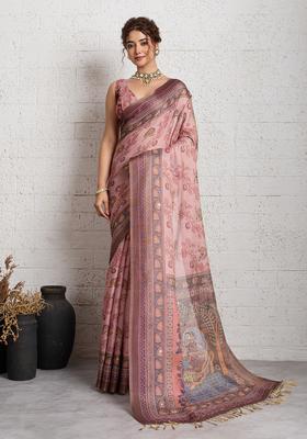 Pink Printed Cotton Saree Set