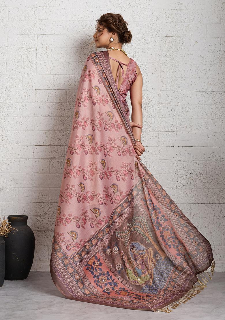 Pink Printed Cotton Saree Set - Indya