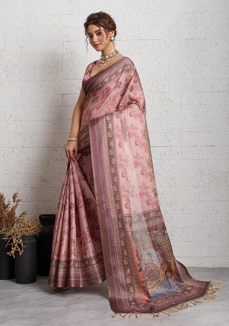 Pink Printed Cotton Saree Set - Indya