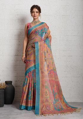 Multicolor Printed Cotton Saree Set