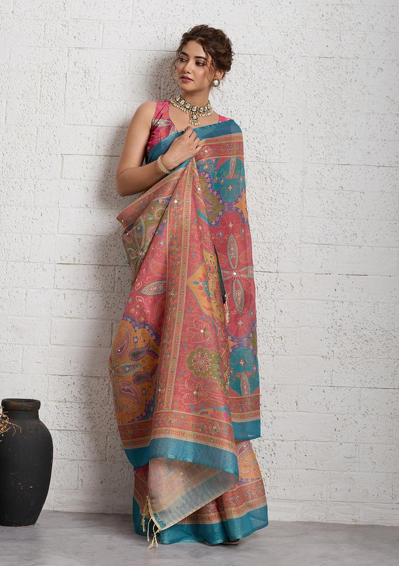 Multicolor Printed Cotton Saree Set - Indya