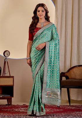 Sea Green Bandhej Silk Saree Set