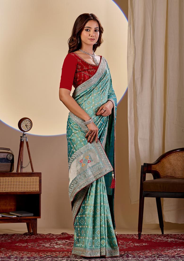 Sea Green Bandhej Silk Saree Set - Indya