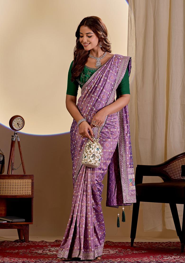 Purple Bandhej Silk Saree Set - Indya