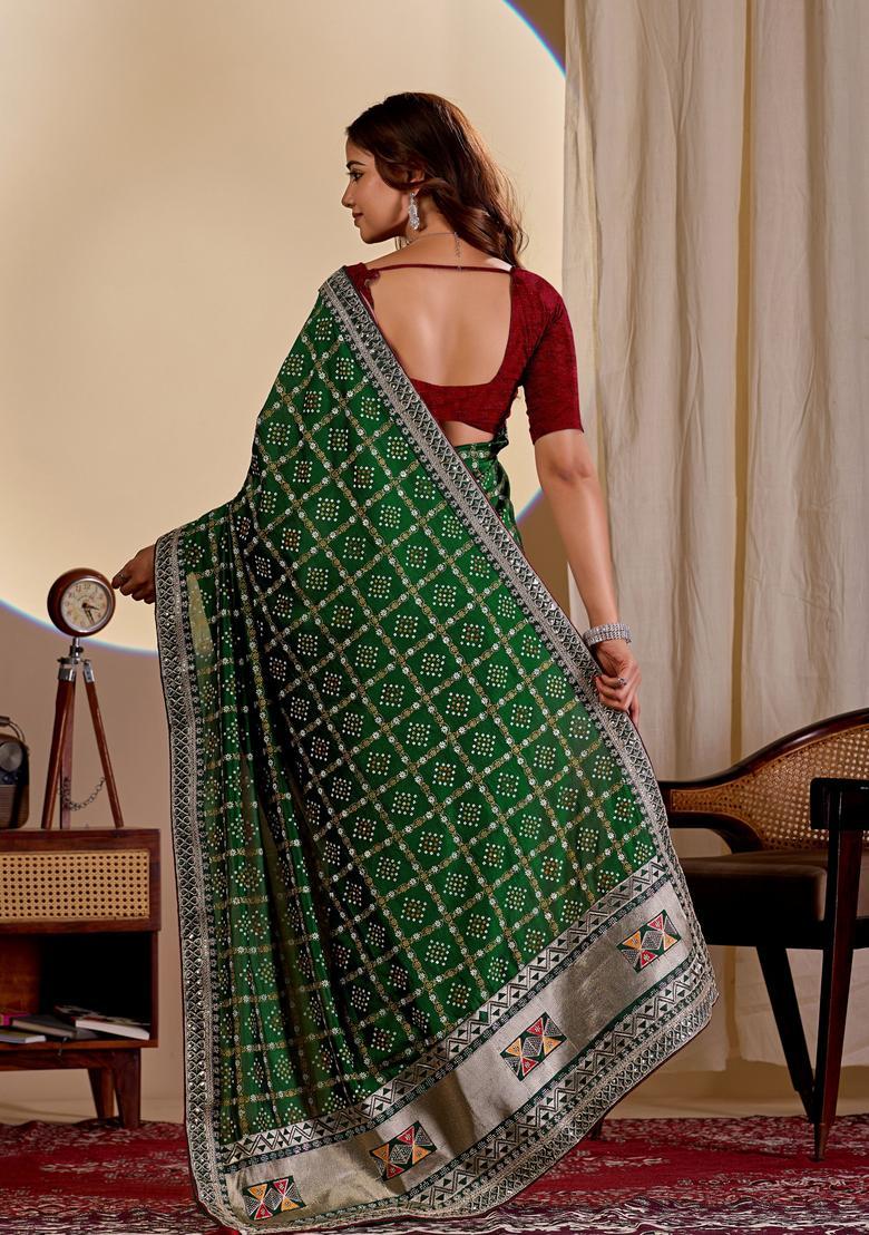 Green Bandhej Silk Saree Set - Indya