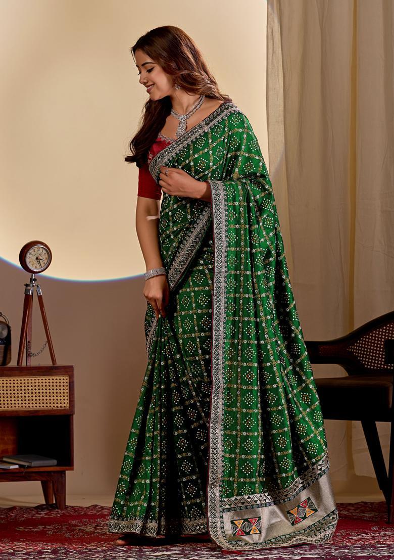 Green Bandhej Silk Saree Set - Indya