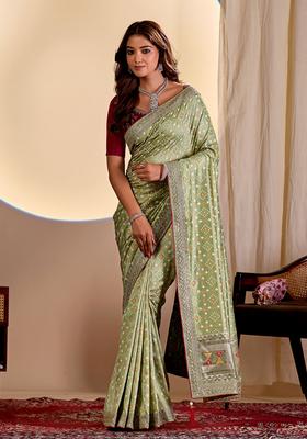 Green Bandhej Silk Saree Set