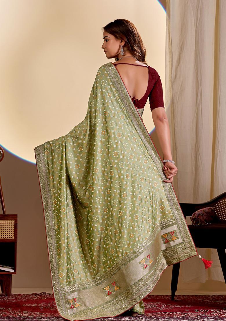 Green Bandhej Silk Saree Set - Indya